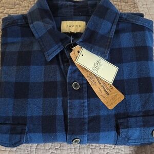 Jachs Men's Navy/Blue Long Sleeve Checkered Flannel Button Down Shirt